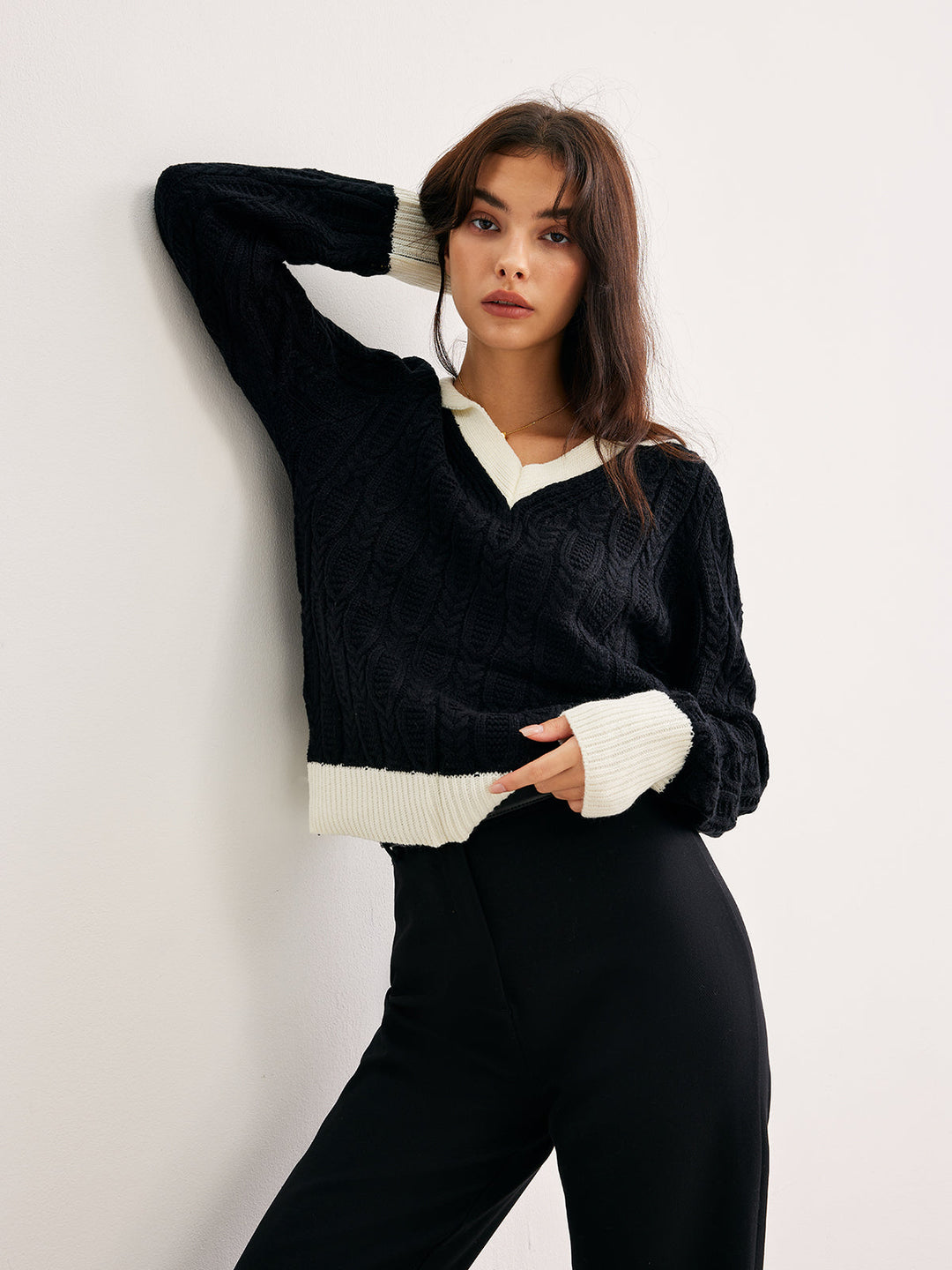 Renk Bloklu V Yaka Dönüşlü Kazak, Svelte Chic