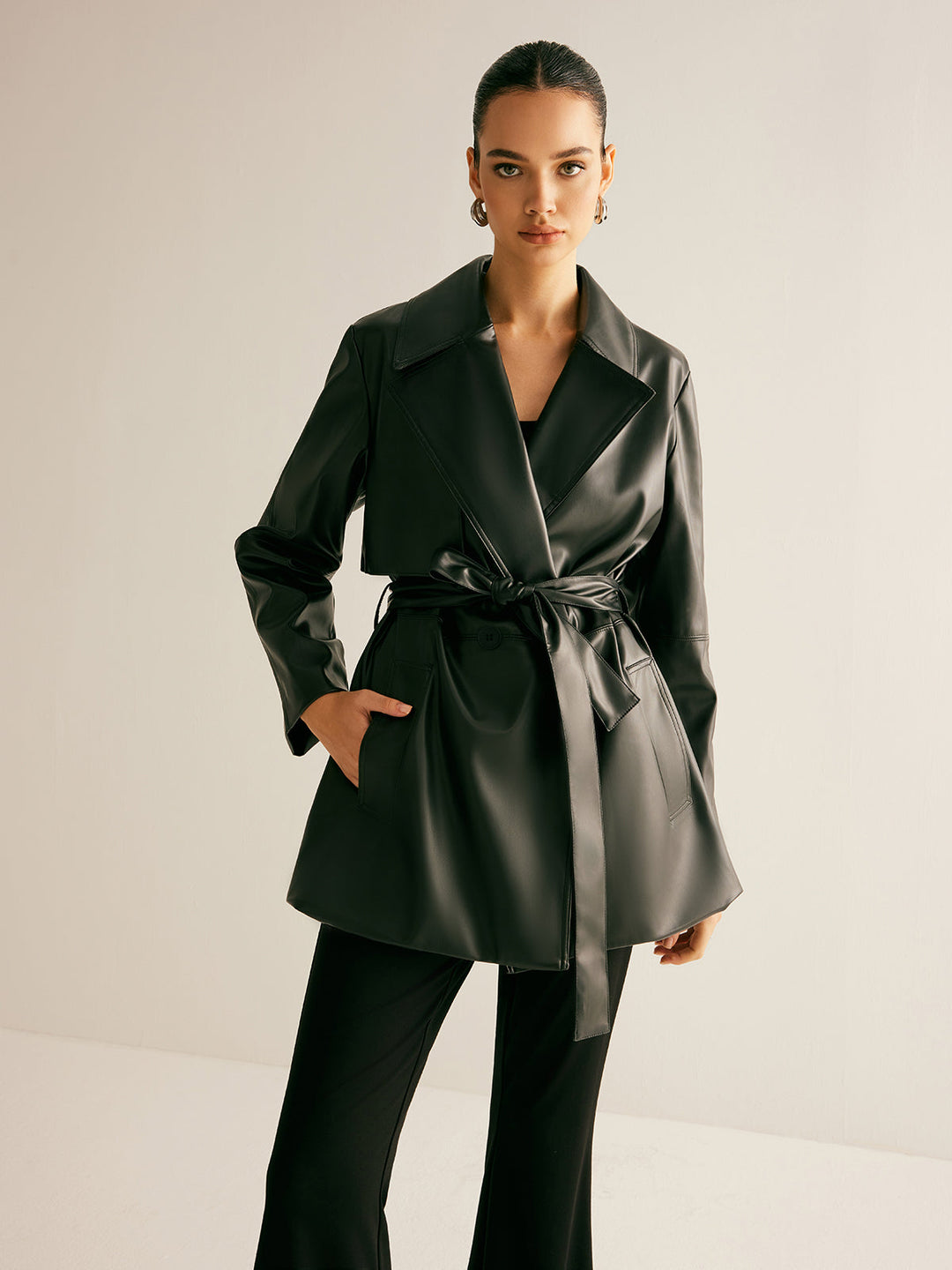 Shift Kuşaklı PU Deri Ceket, Svelte Chic