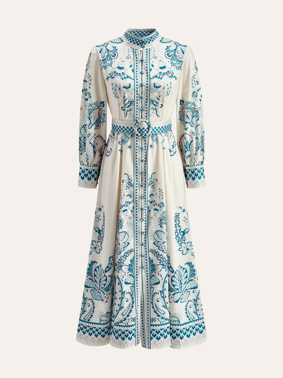 Şık Baskılı Bel Kuşaklı Elbise Buton Detaylı