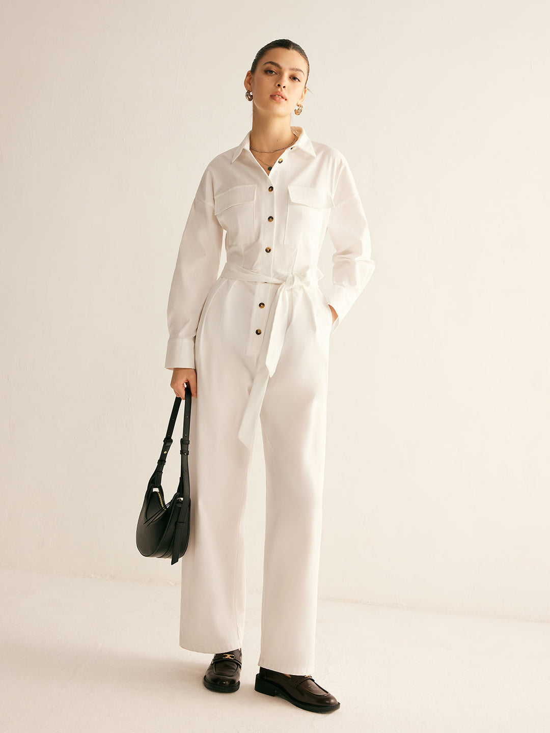 Minimalist Button Polo Jumpsuit With Belt, kadın modası, Svelte Chic