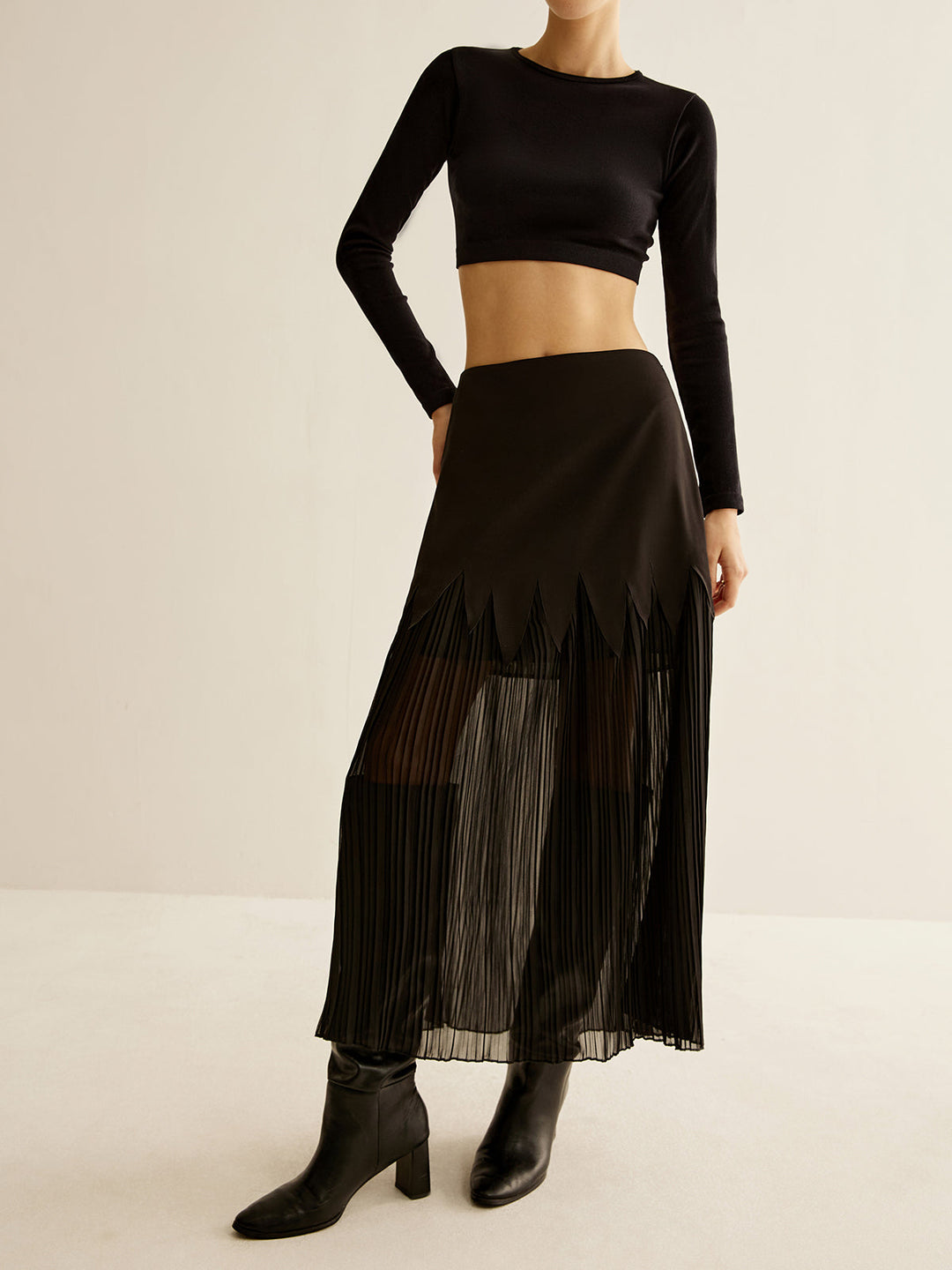 Panel Sheer Zipper Midi Skirt, şeffaf ve zarif tasarım