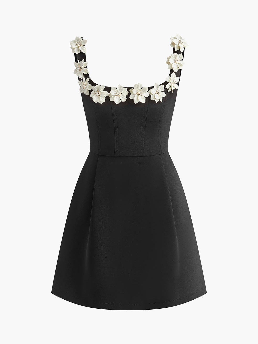 3D çiçekli arkası fermuarlı askılı elbise