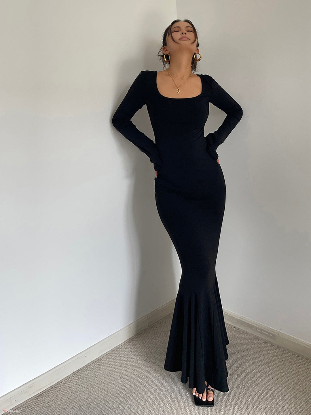 Volanlı İnce Triko Uzun Elbise, Svelte Chic