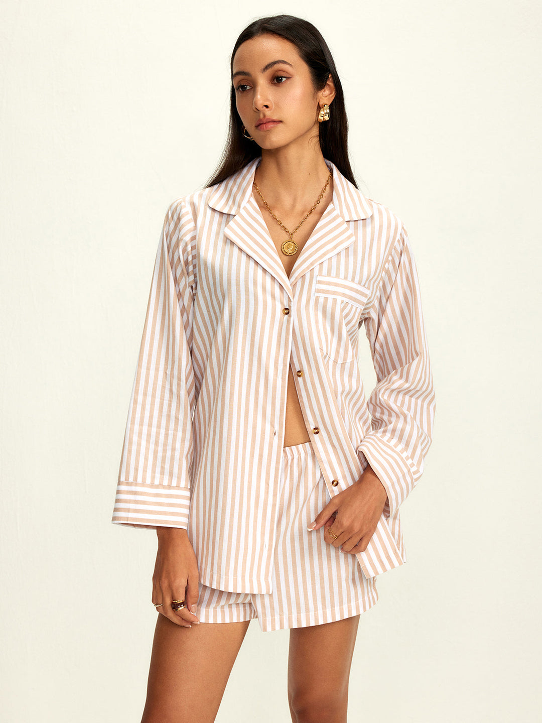 Cotton Blends Lapel Pinstripe Shorts Set, Svelte Chic