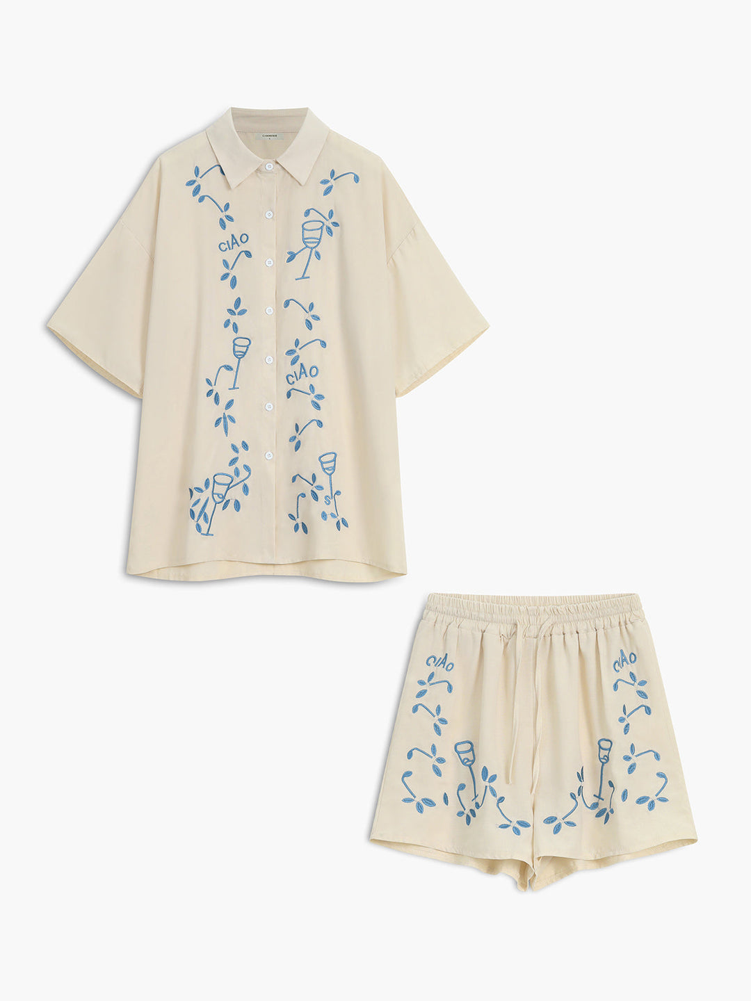 Bitki Nakış Eğlence Şort Takımı - Svelte Chic