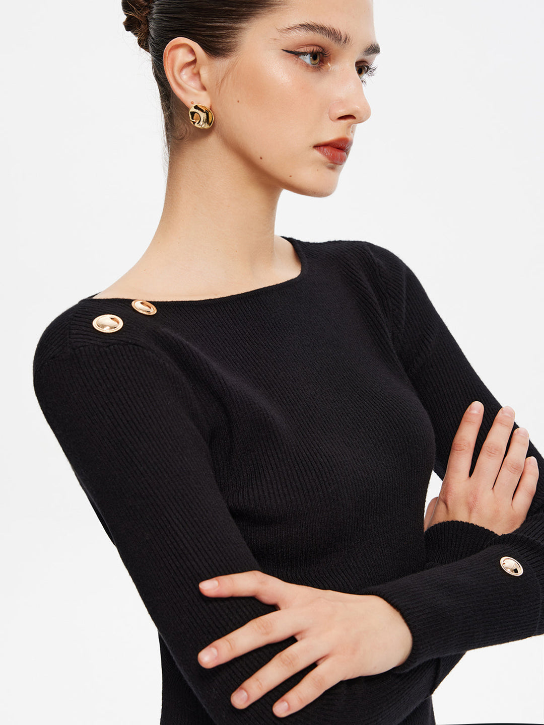 Yaka detaylı metal kaplama slim sıkı triko üst