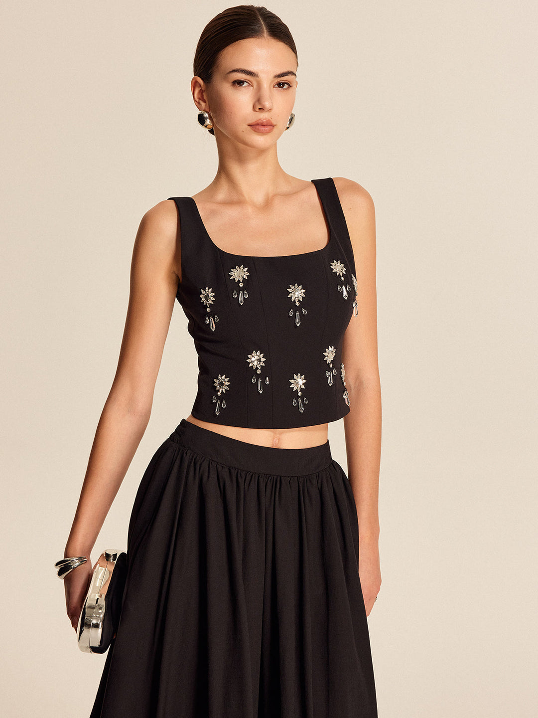 Şık Çiçekli Kristal Arkadan Fermuarlı Bluz