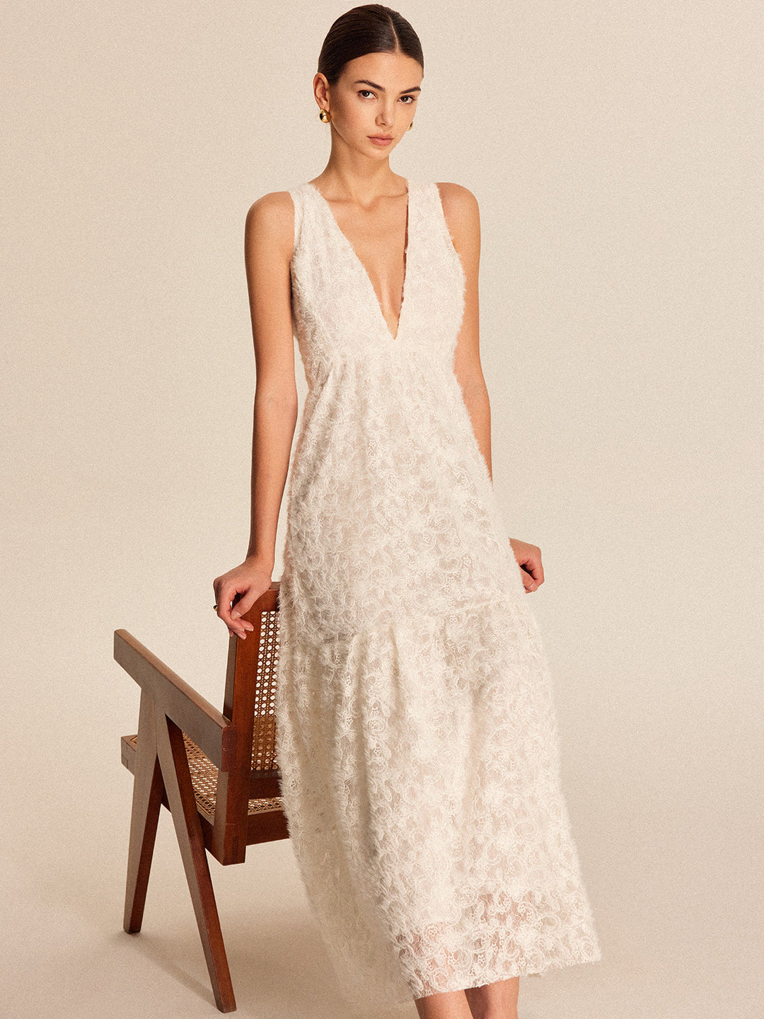 Şık Boho Derin V-Yaka Dantel Elbise