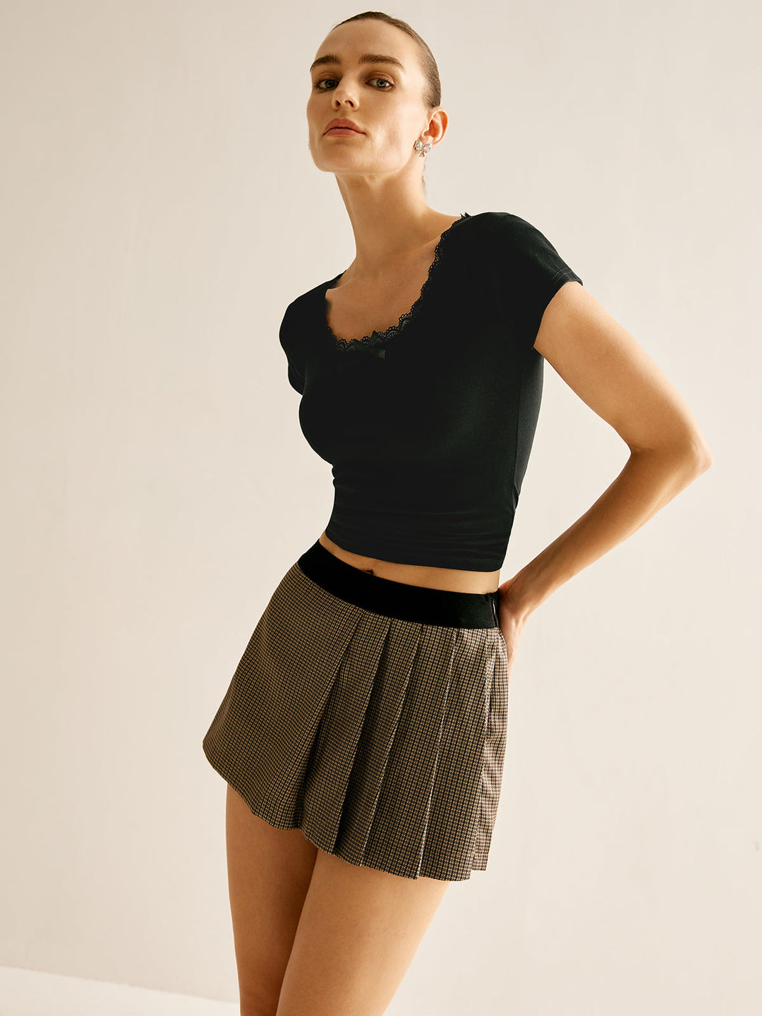 Patchwork Plaid Pleated Shorts, Svelte Chic