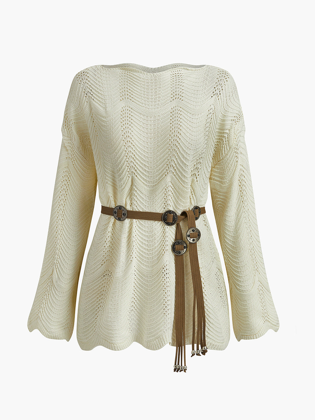 Düz Dalga Kesimli Kemerli Kazak - Svelte Chic