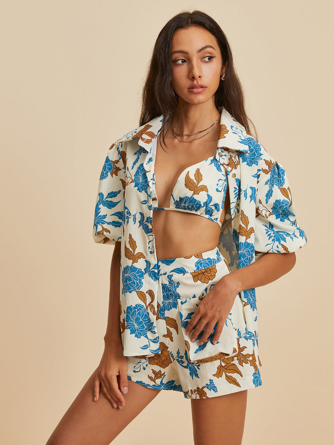 Baskı Yaka Cepli Şort Takımı, Svelte Chic