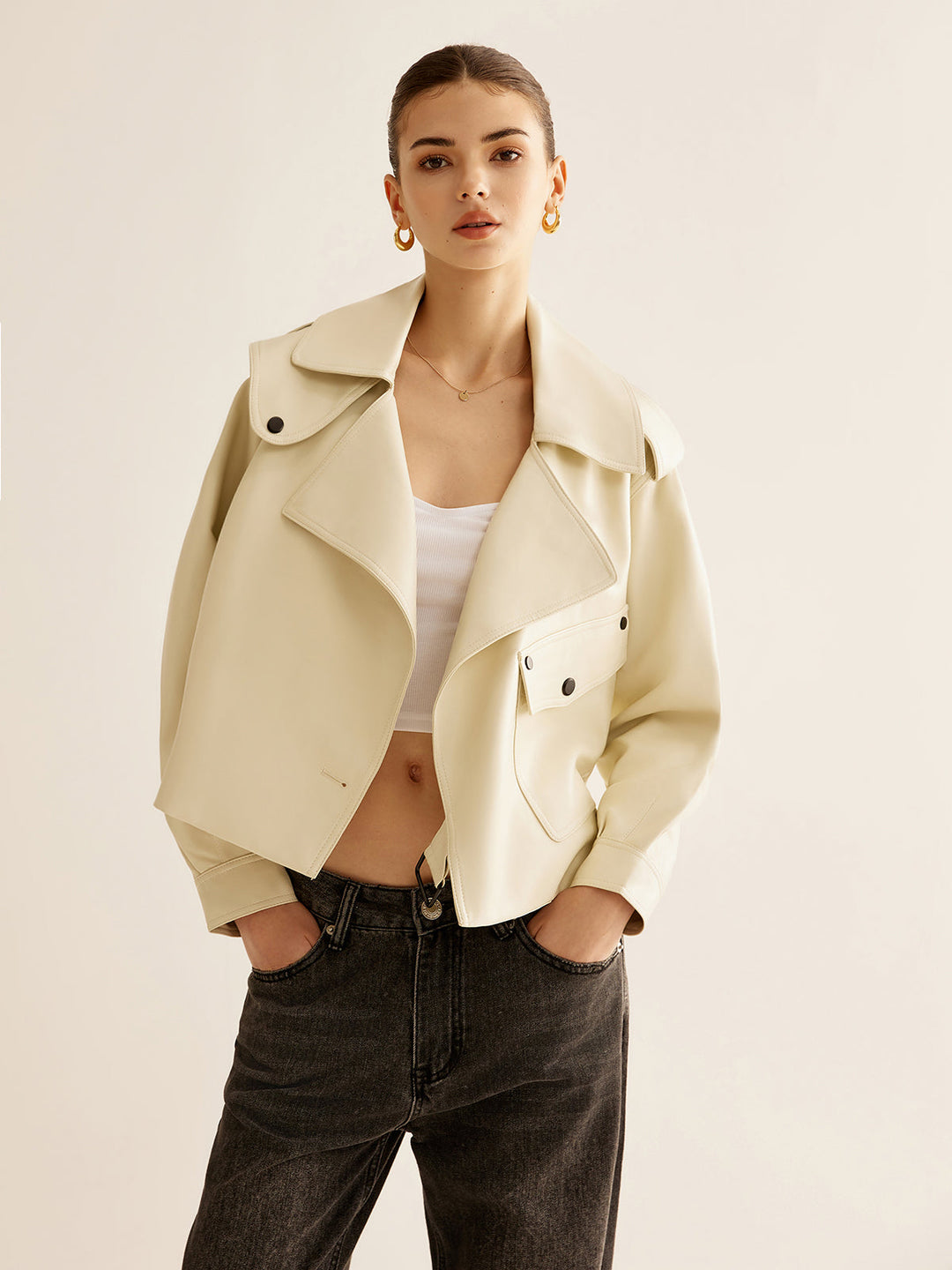 Flap-Pocket Faux Leather Jacket, şık ve gündelik stil