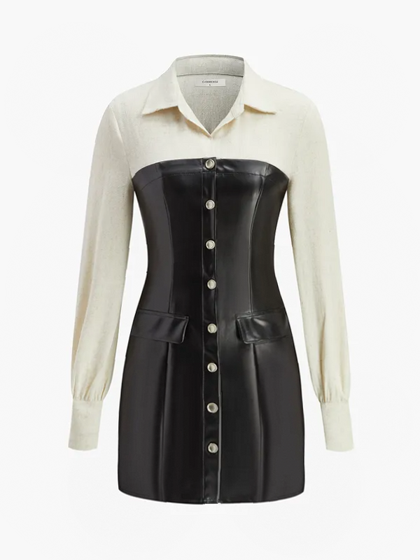 Renk bloklu suni deri yaka elbise