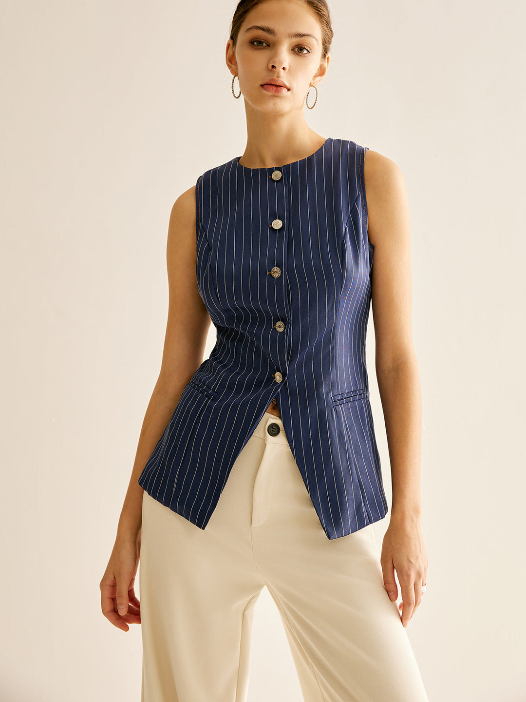 Çizgili Düğmeli Kolsuz Gömlek - Svelte Chic