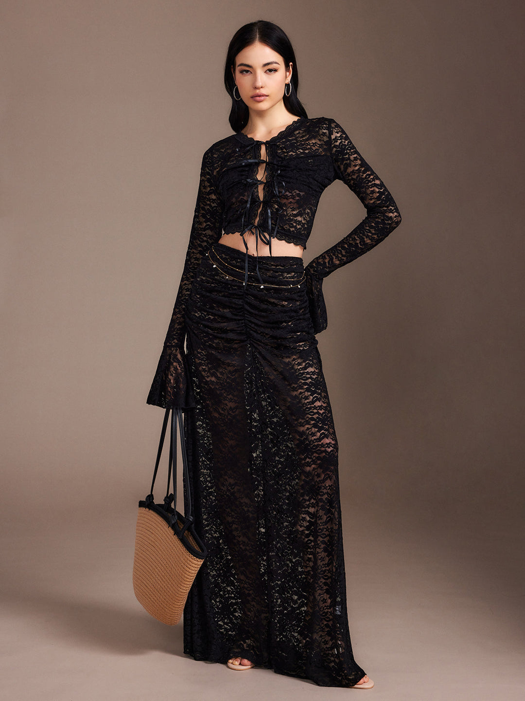 Dantel şeffaf pileli maksi etek takım