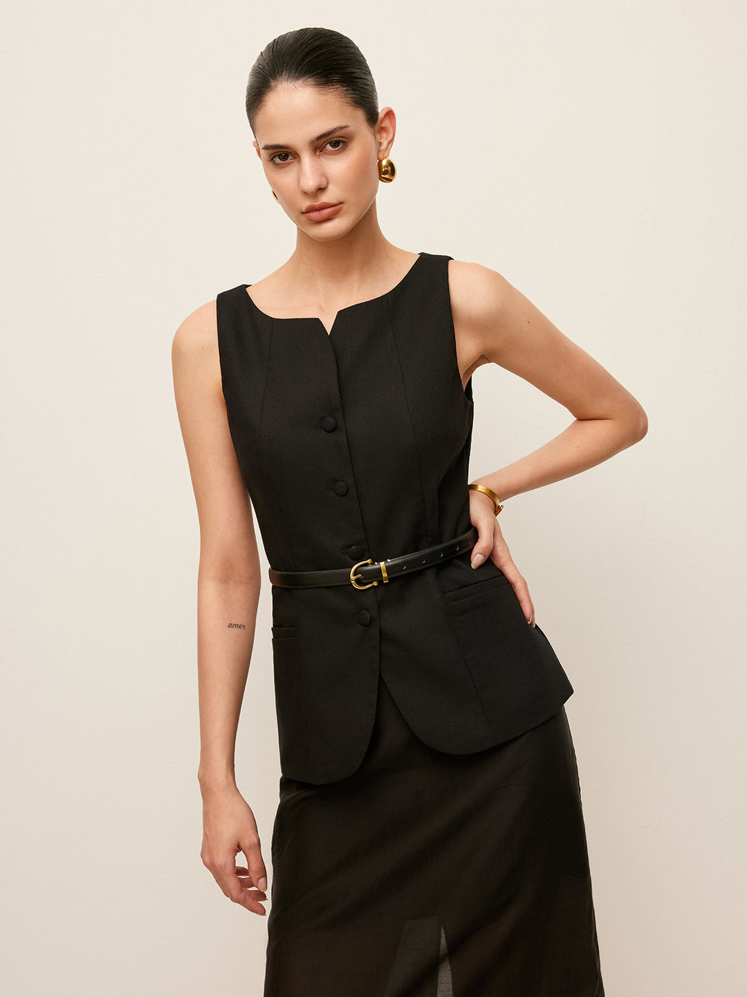 Şık Pamuk ve Keten Düğmeli Yelek - Kemer Gerekmez