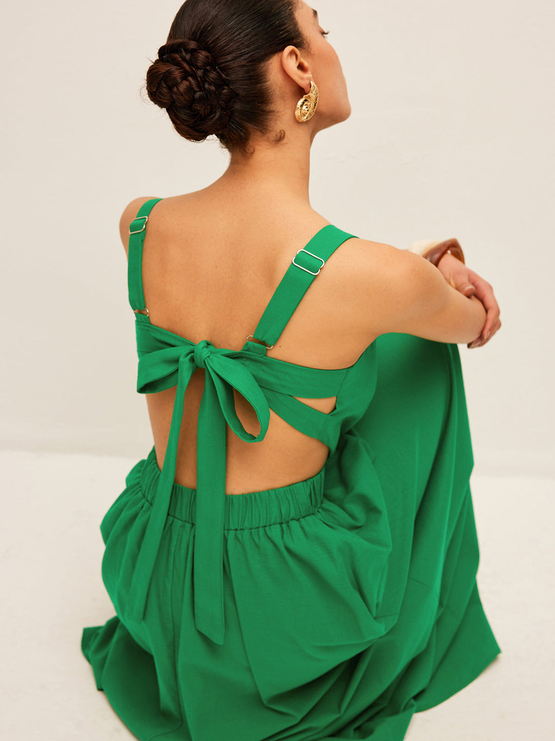 Sırtı açık pamuk ve keten maxi elbise