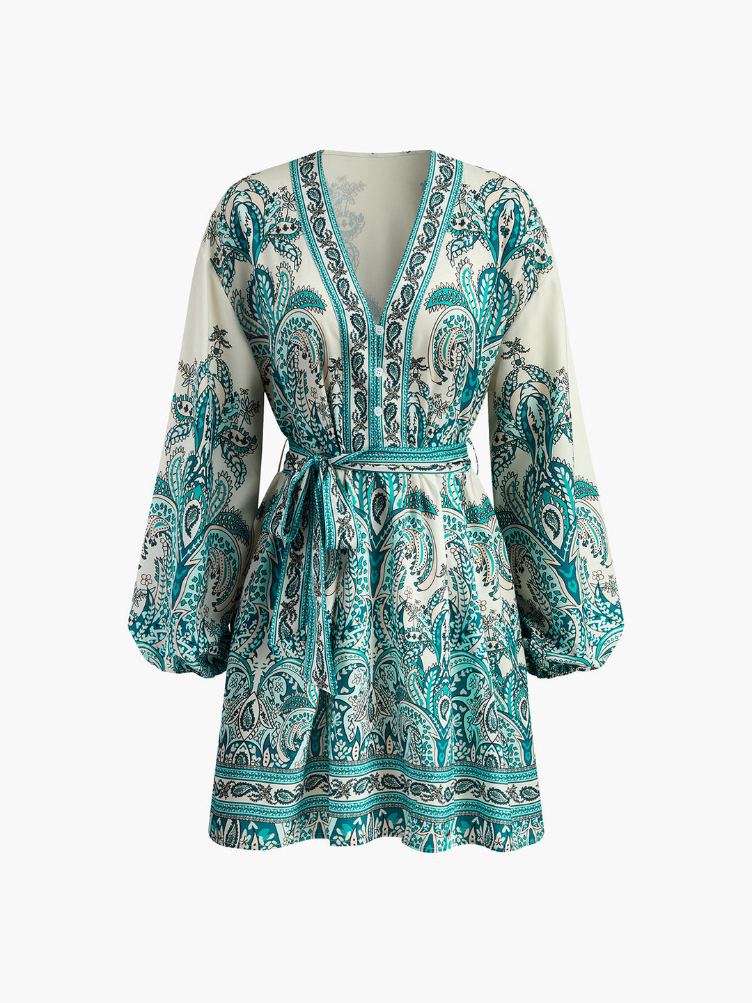 Baskılı Düğmeli V Yaka Uzun Kollu Elbise