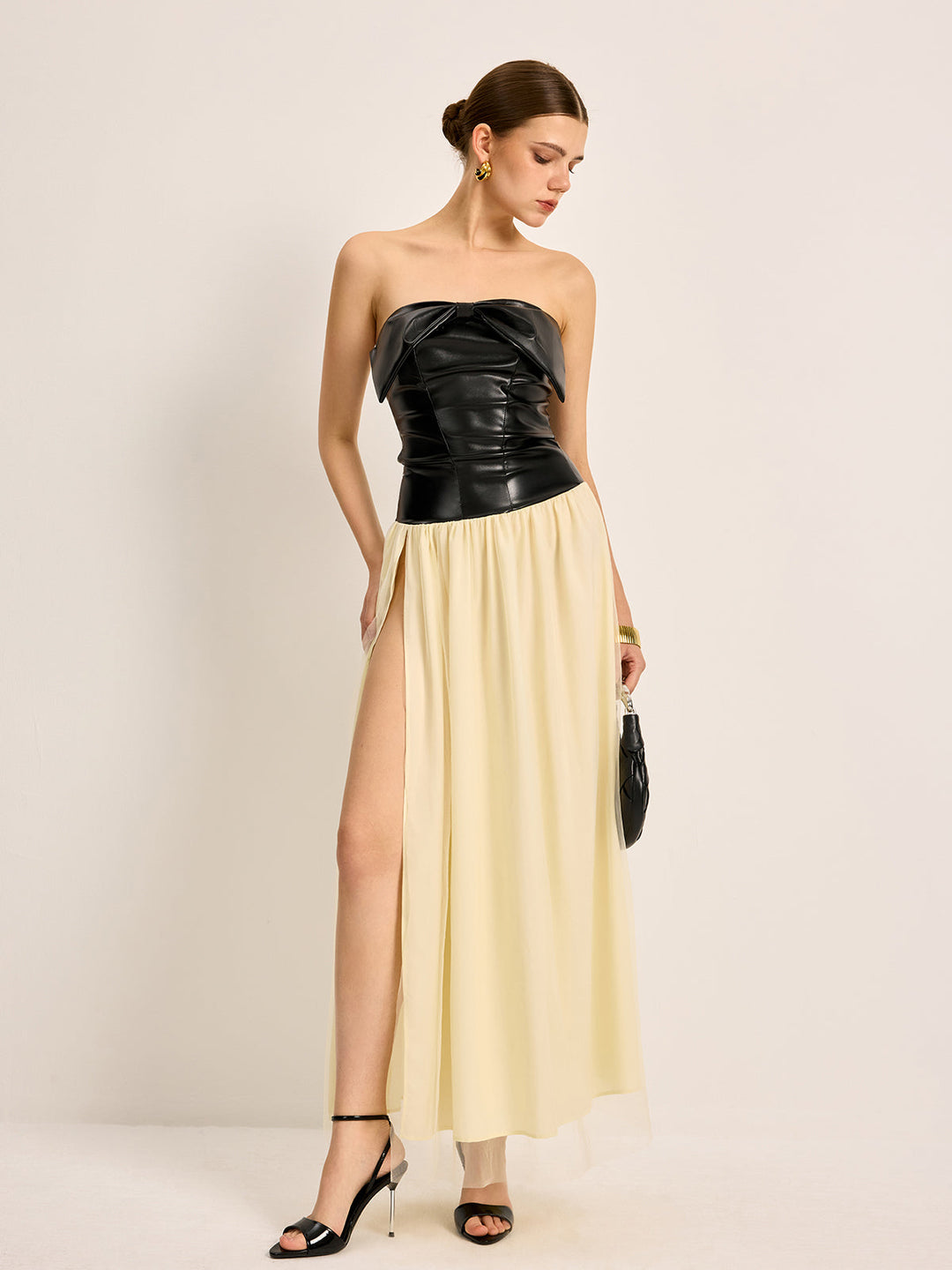 Şık Renk Bloku Fiyonk Detaylı Yırtmaçlı Pliseli Elbise