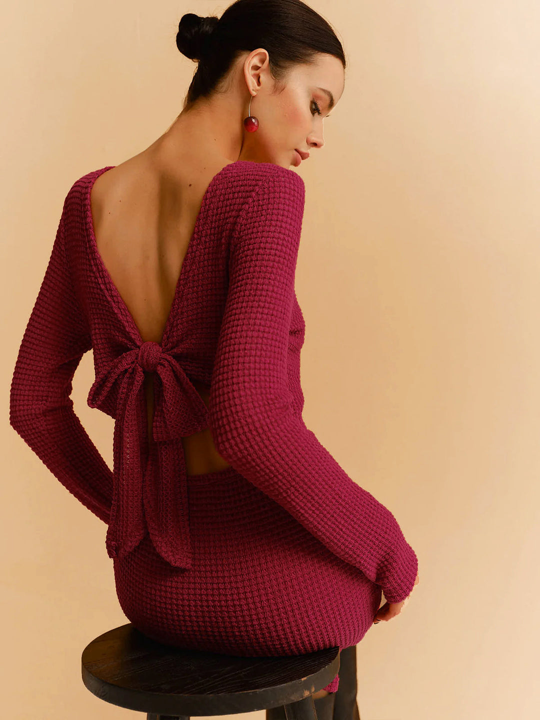 Sırt Dekolteli Waffle Dokulu Elbise, Fiyonk Detaylı