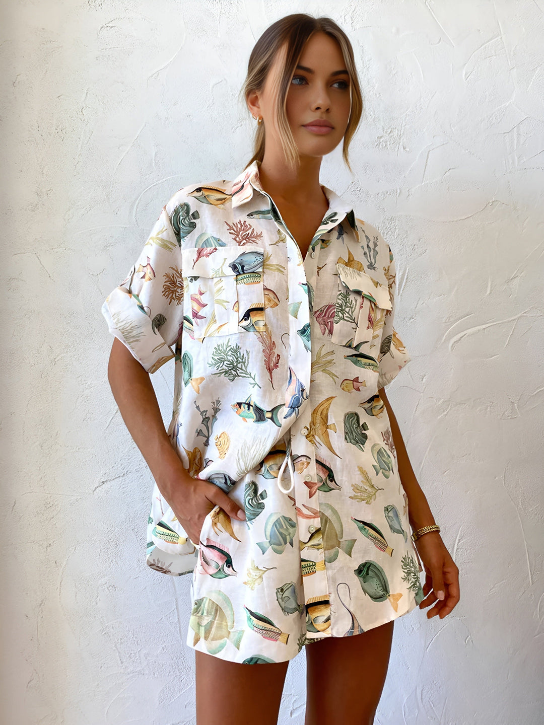 Deniz organizması baskılı cepli şort takımı