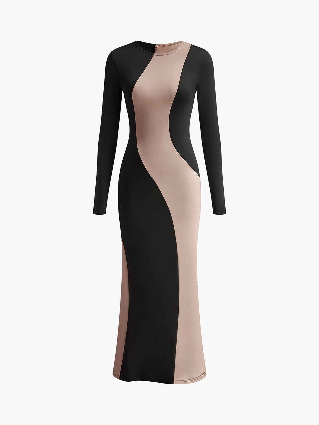 Baskılı yuvarlak yaka elbise, renk blokları tasarımıyla