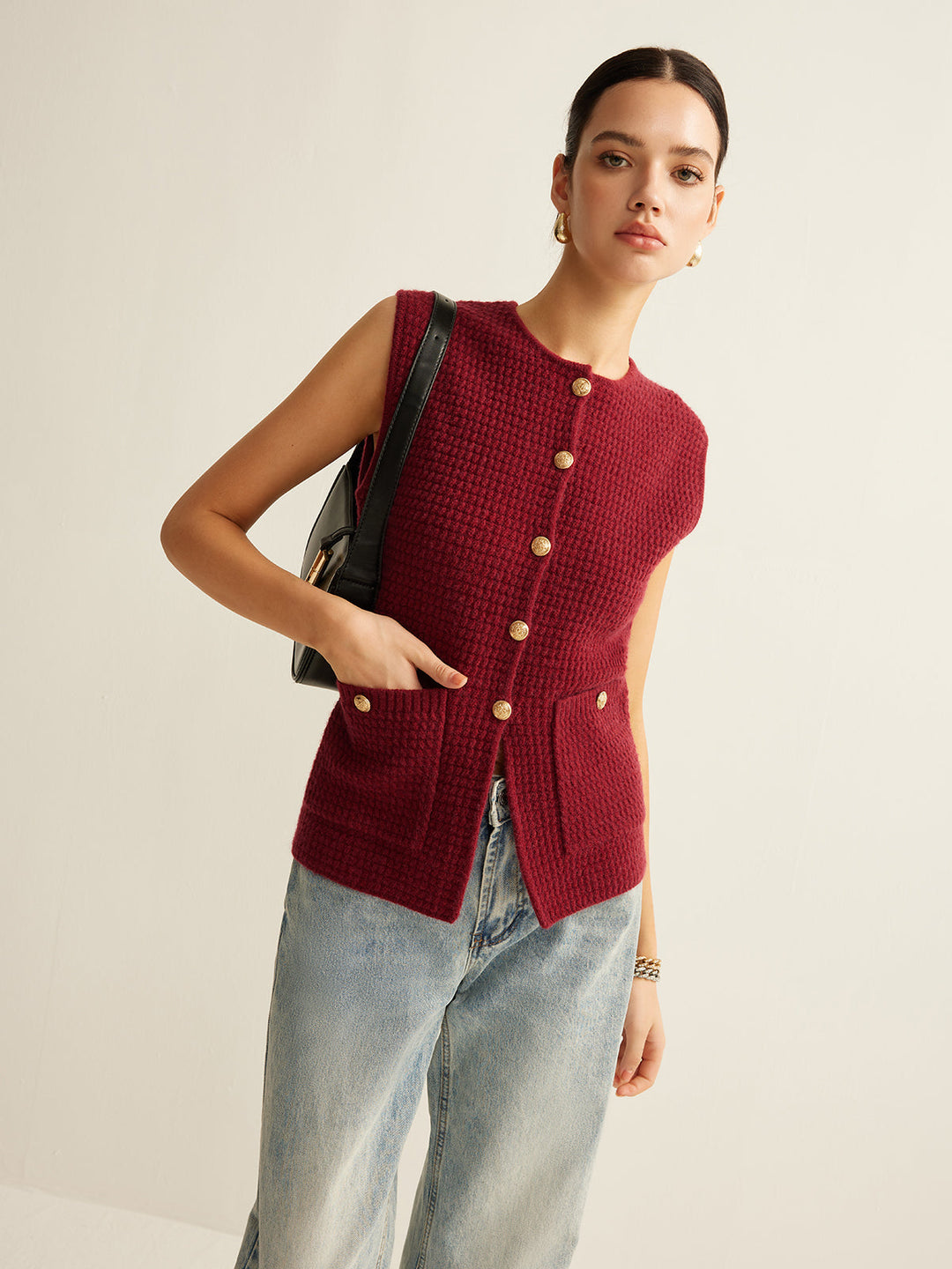Button Down Cozy Sweater Vest, şık ve rahat kadın moda yeleği