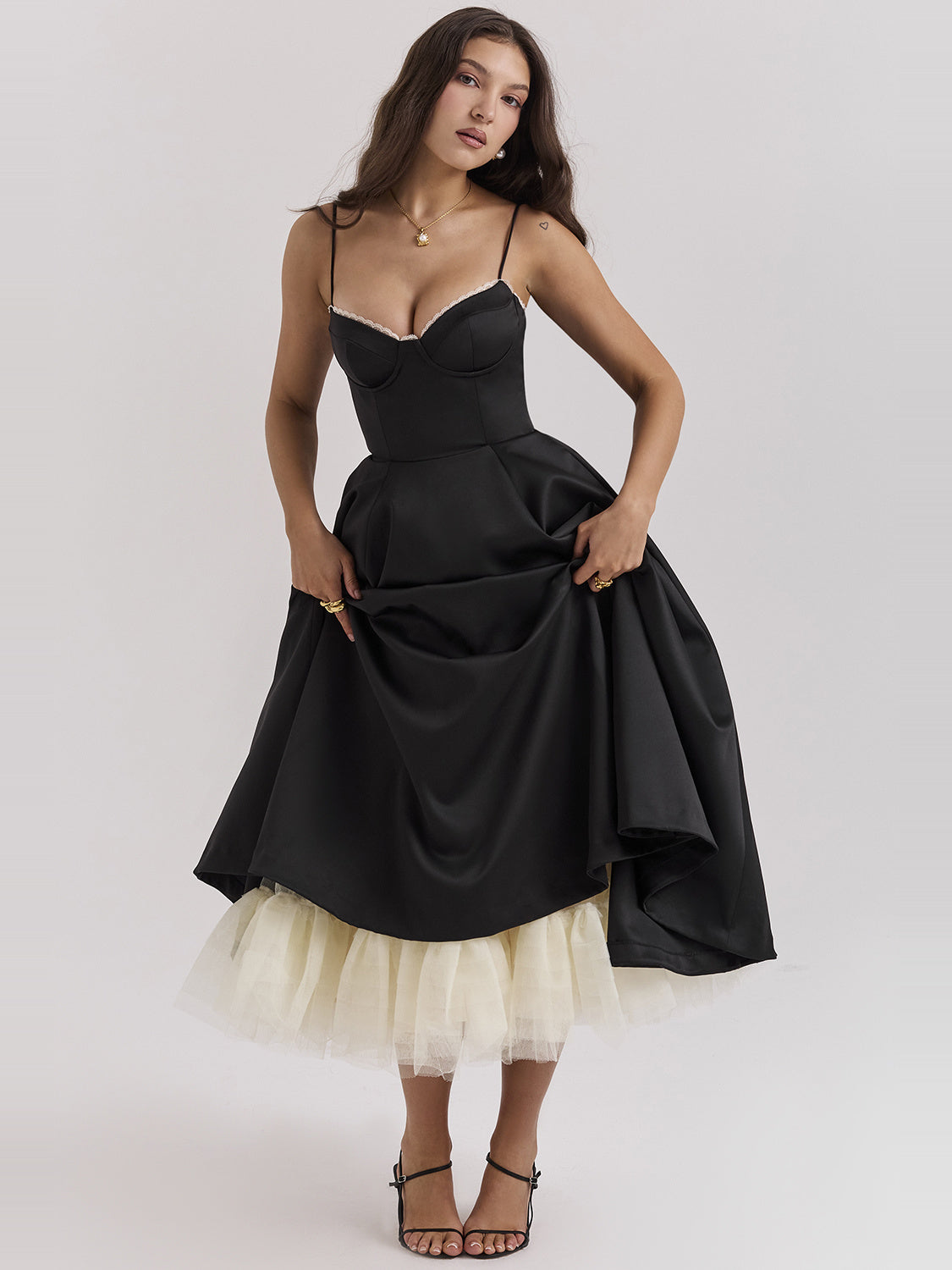 Mademoiselle Satin Tulle Sweetheart Midi Dress — Svelte Chic