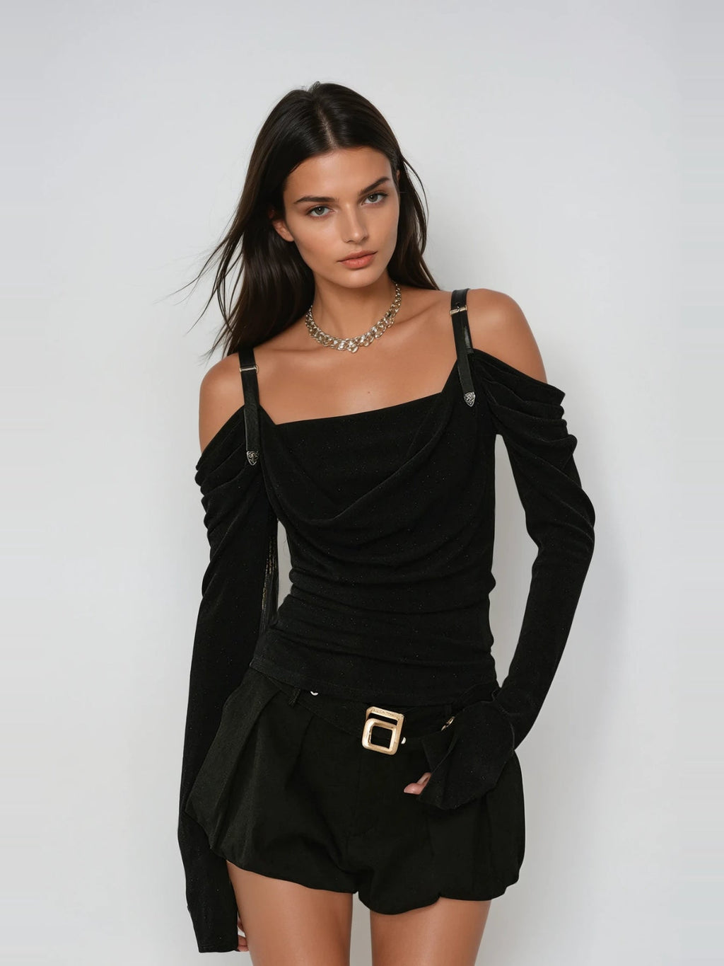 Derren Off-Shoulder Draped Buckle Strap Long Sleeve Top in Black — Svelte Chic