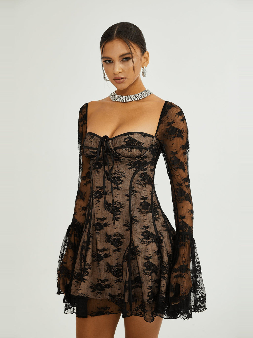 Cyrielle Lace Long Sleeve Square Neck Mini Dress — Svelte Chic