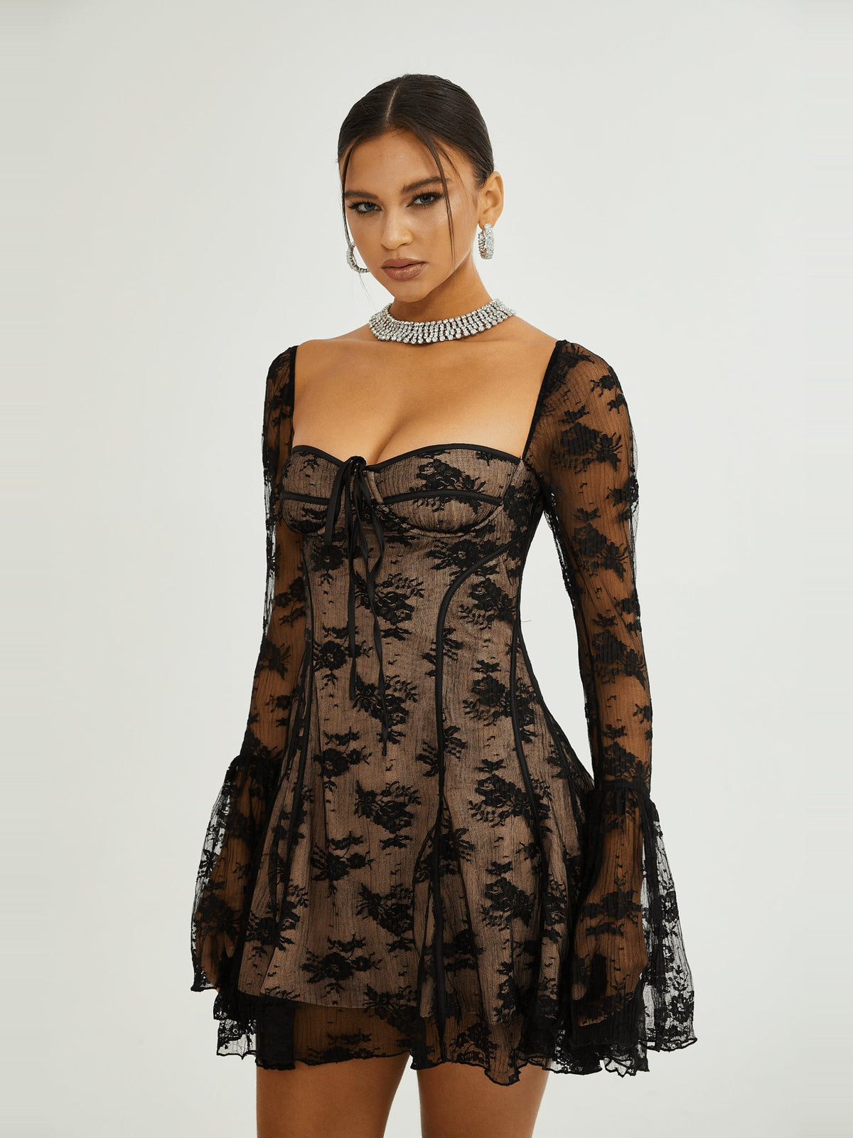 Cyrielle Lace Long Sleeve Square Neck Mini Dress — Svelte Chic