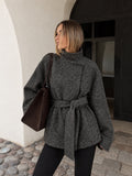 Belted Funnel Collar Speckled Tweed Coat - Grey — Svelte Chic