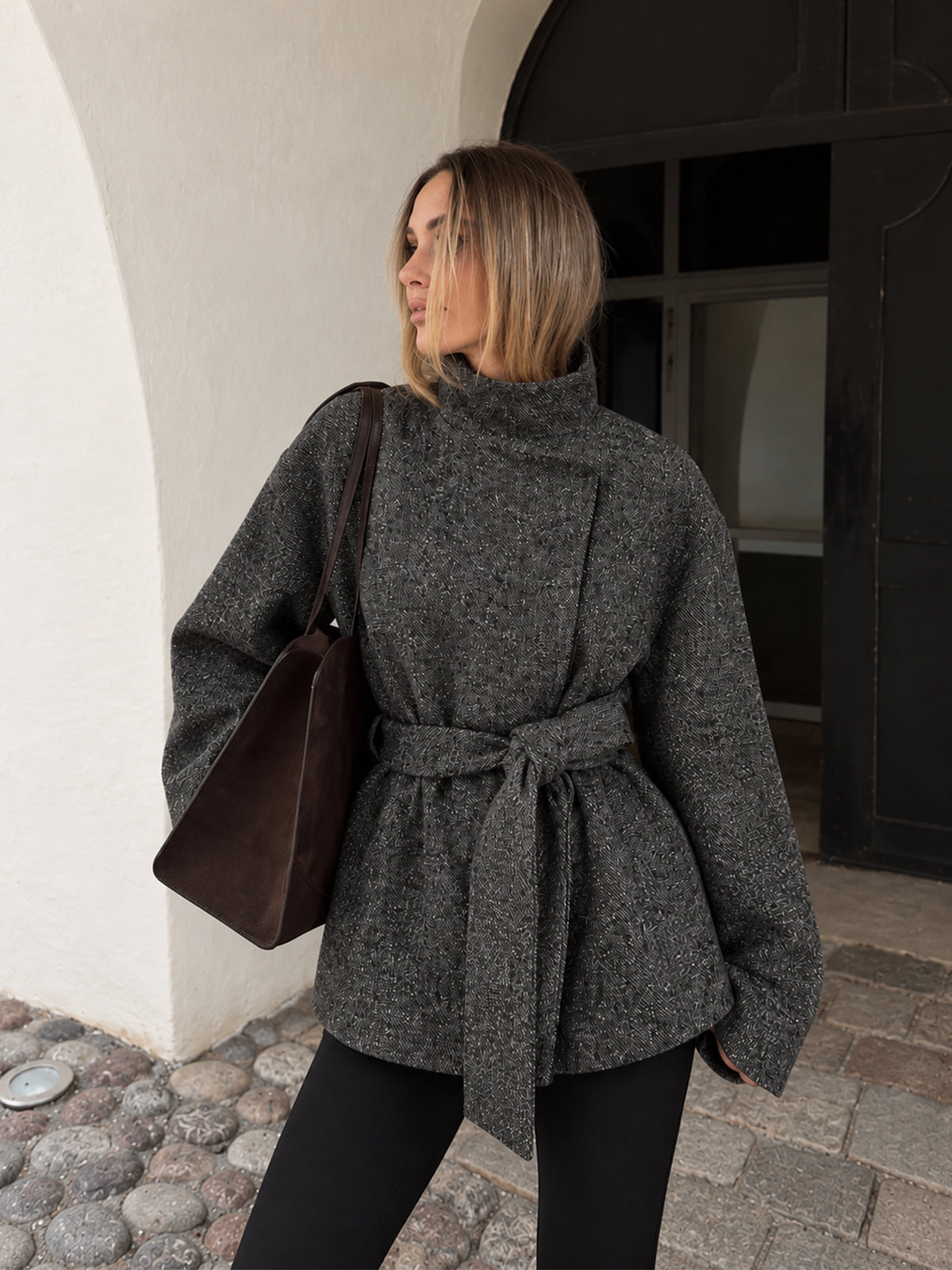 Belted Funnel Collar Speckled Tweed Coat - Grey — Svelte Chic