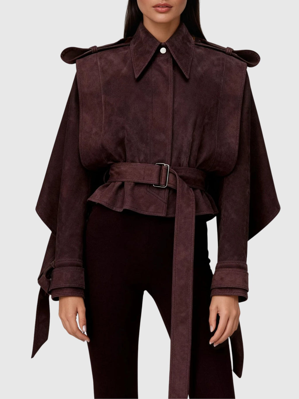 Dillon Cape Shoulder Belted Suede Jacket - Burgundy — Svelte Chic