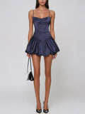 Hadiya Satin Thin Strap Bubble Mini Dress - Navy — Svelte Chic