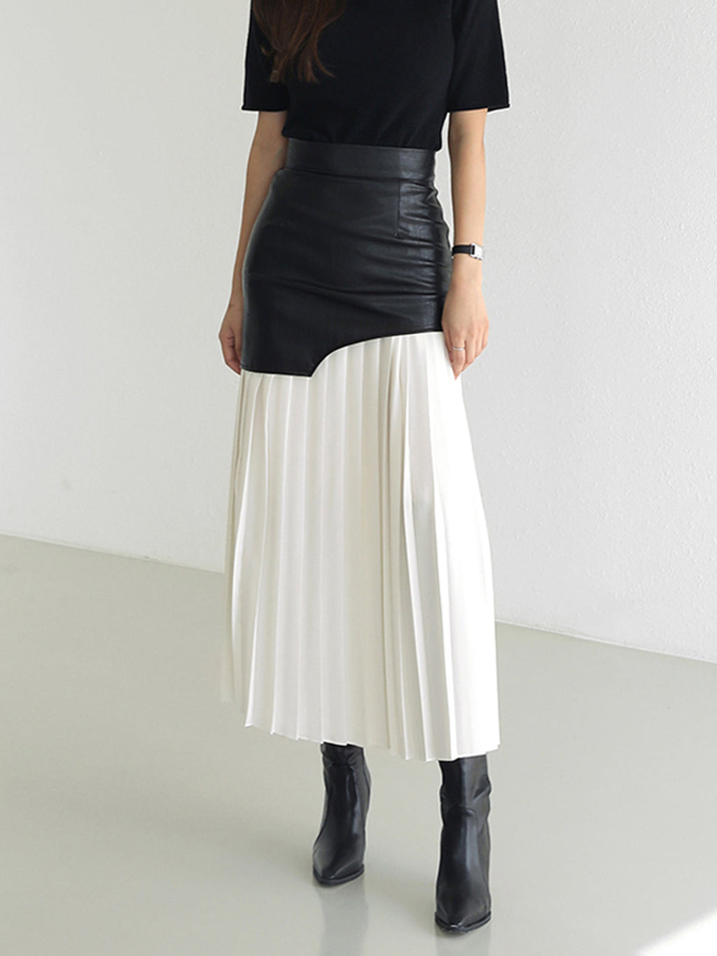 Asymmetric Faux Leather Pleated Midi Skirt in White — Svelte Chic