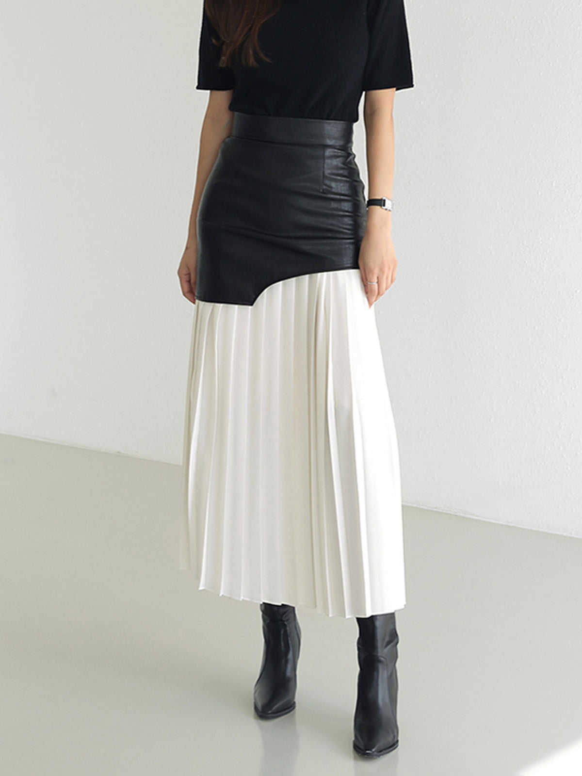 Asymmetric Faux Leather Pleated Midi Skirt in White — Svelte Chic