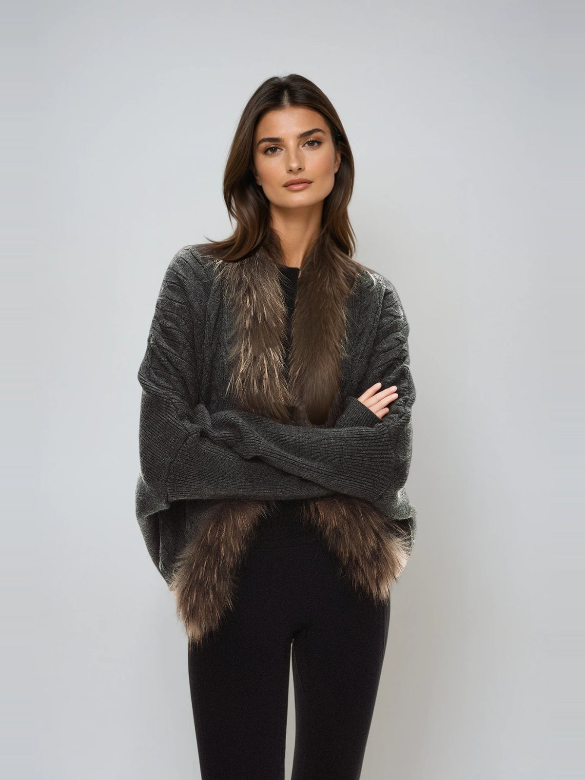 Deianeira Faux Fur Trimmed Knit Jacket - Anthracite — Svelte Chic