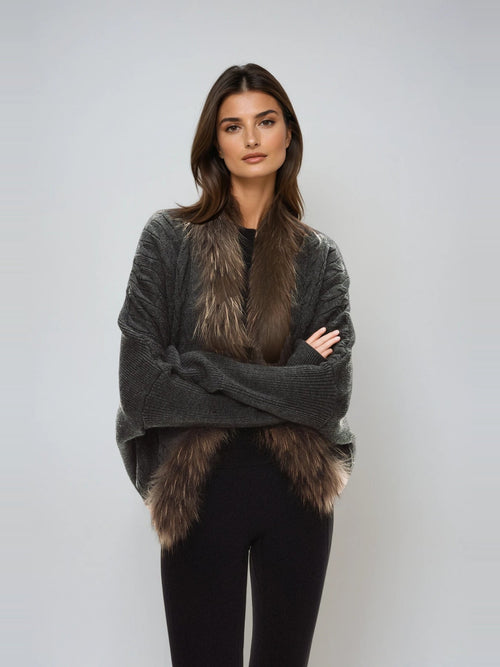 Deianeira Faux Fur Trimmed Knit Jacket - Anthracite — Svelte Chic