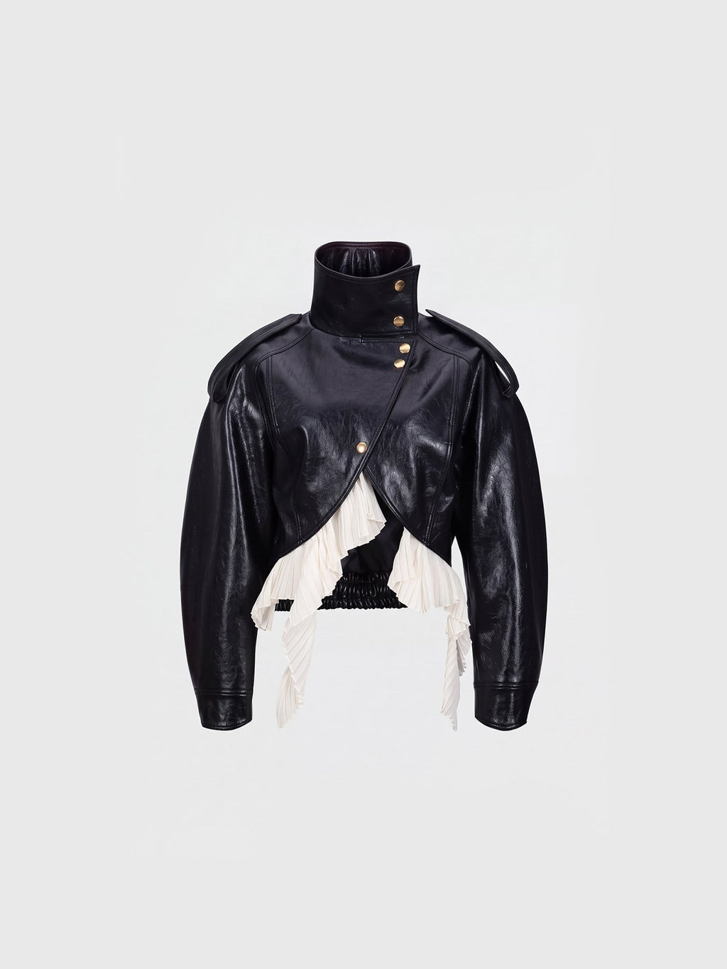 Kimi High Neck Ruffle Leather-Look Cropped Jacket - Black — Svelte Chic