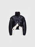 Kimi High Neck Ruffle Leather-Look Cropped Jacket - Black — Svelte Chic