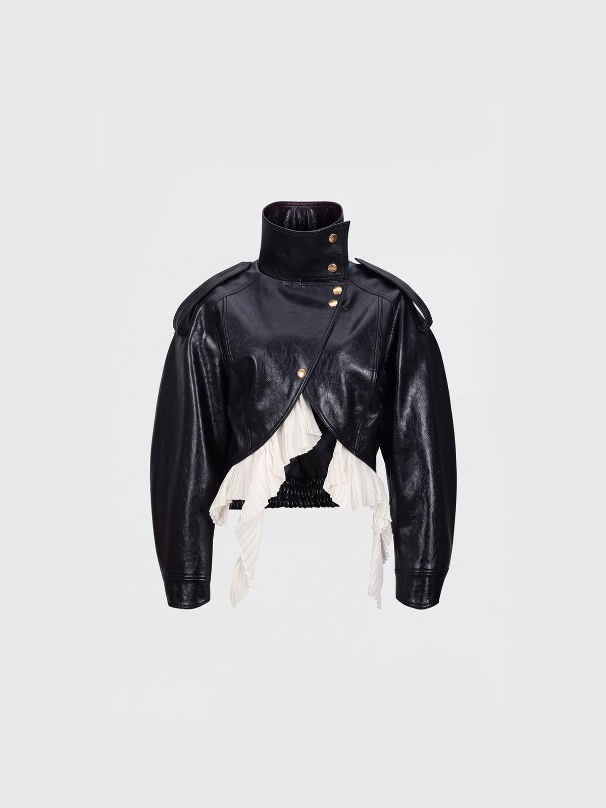 Kimi High Neck Ruffle Leather-Look Cropped Jacket - Black — Svelte Chic