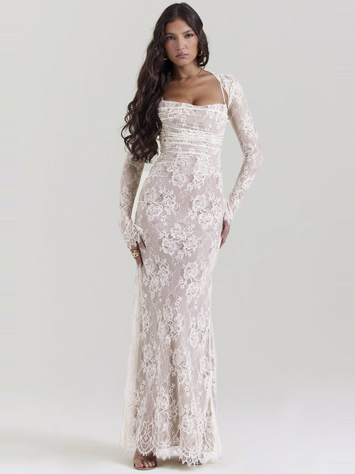 Artemis Corset Back Lace Maxi Dress in Cream — Svelte Chic