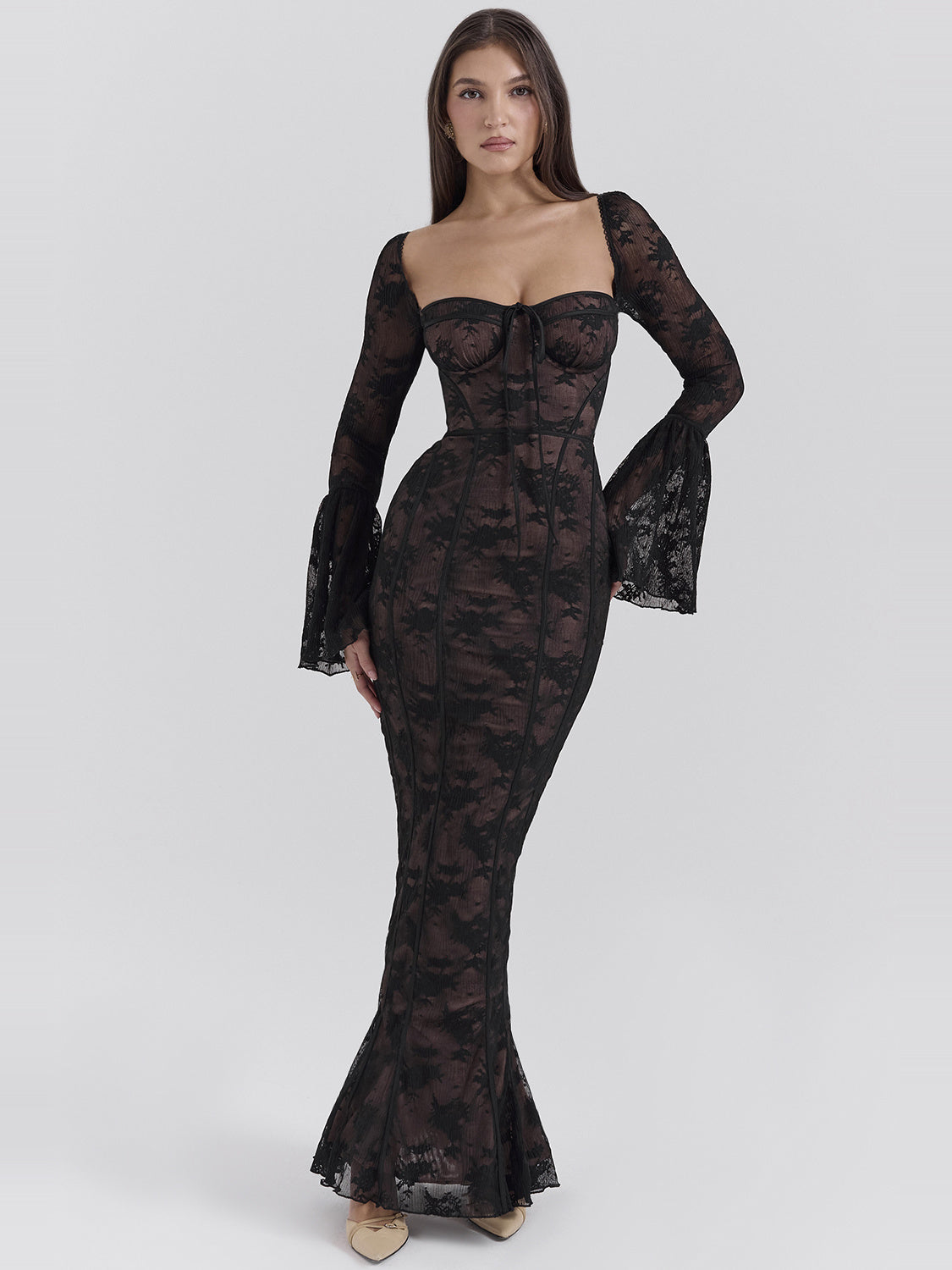 Delilah Long Sleeve Lace Sweetheart Maxi Dress — Svelte Chic