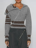 Deianira Asymmetric Zip Draped Collar Knit Top - Grey — Svelte Chic