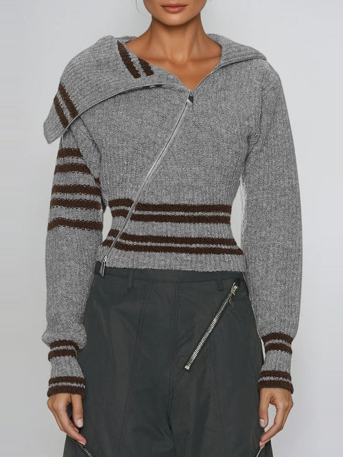 Deianira Asymmetric Zip Draped Collar Knit Top - Grey — Svelte Chic