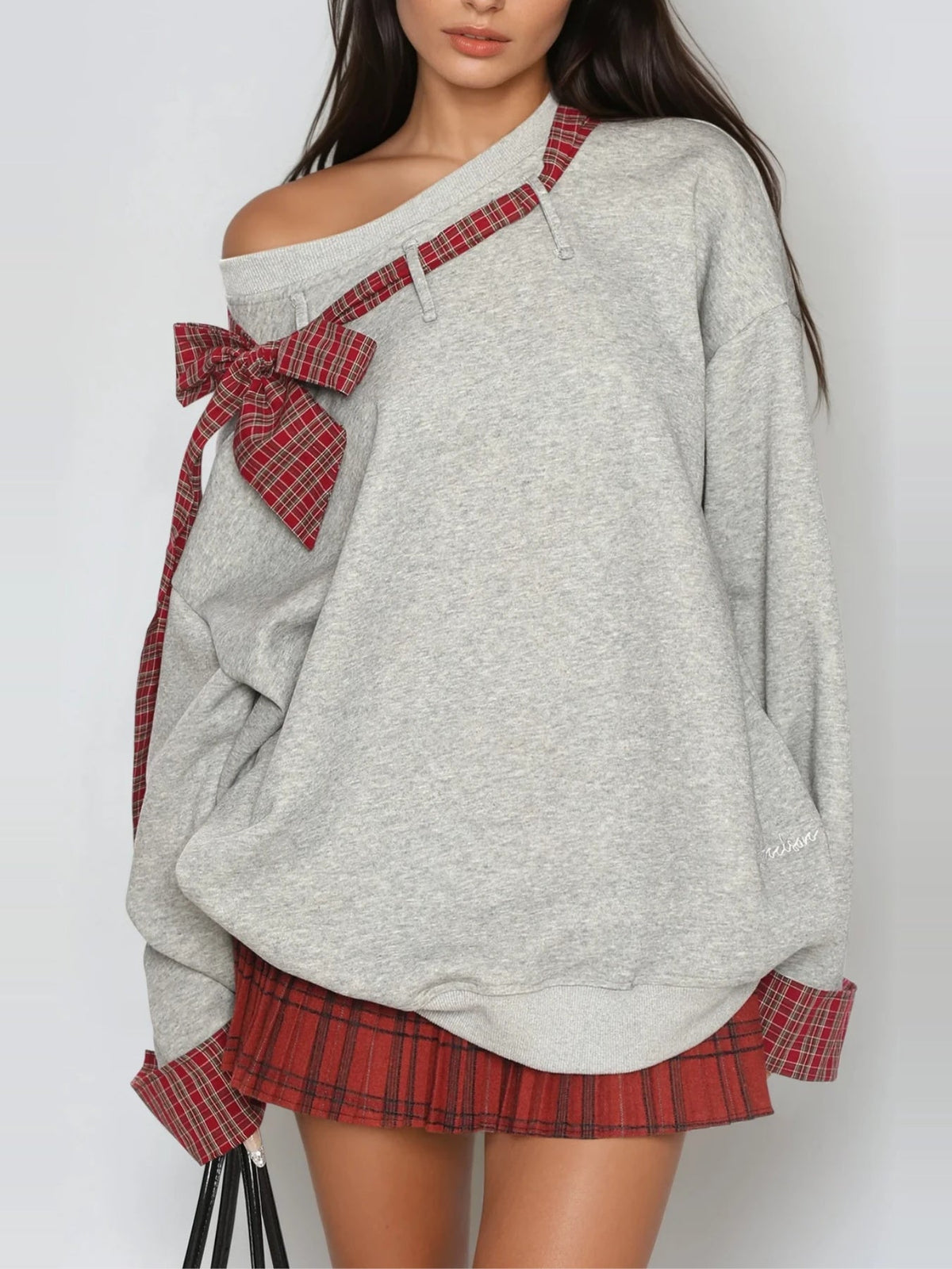 Derrick Plaid Bow Asymmetric Neck Oversized Top - Grey — Svelte Chic