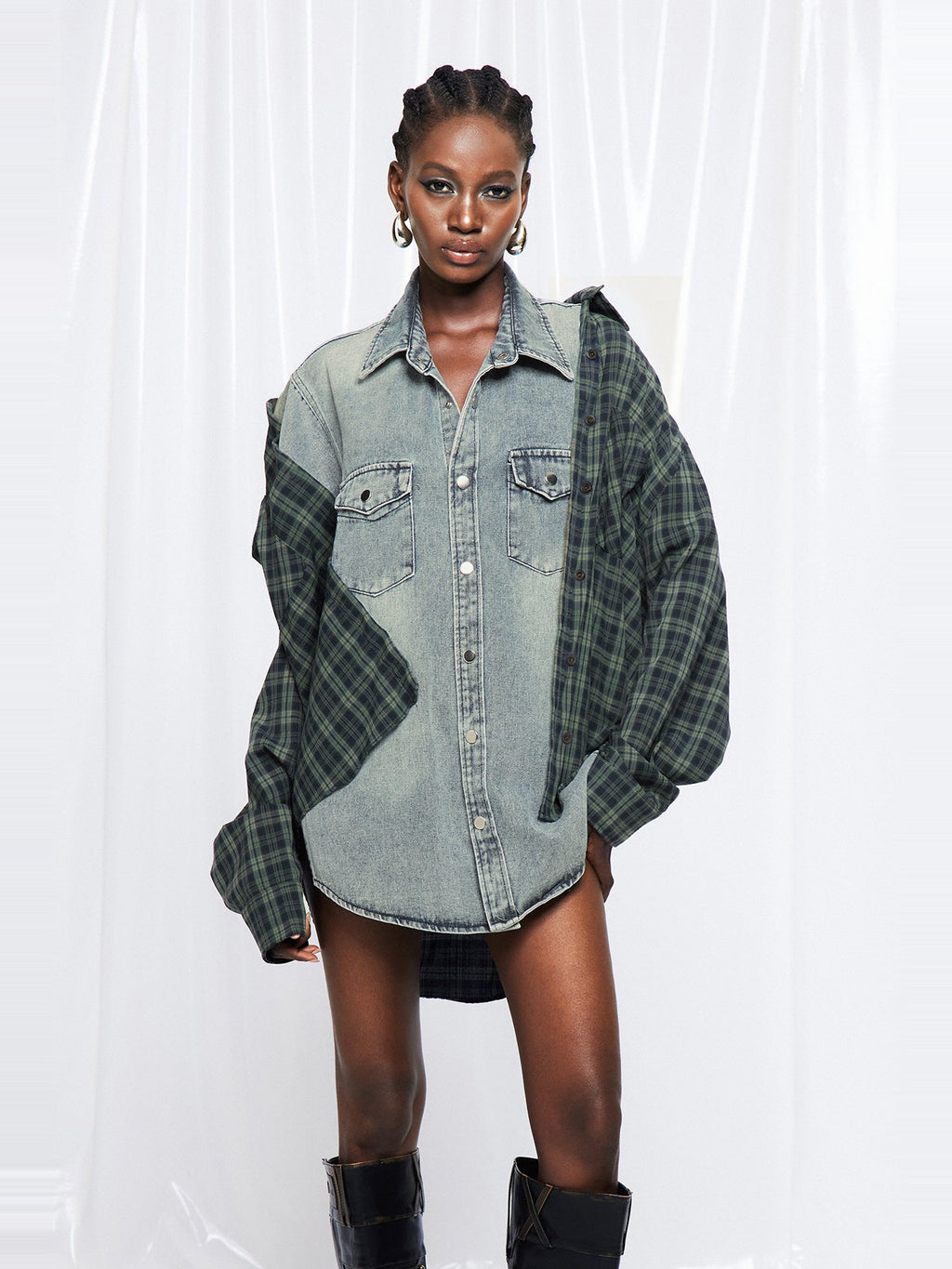 Friedrich Plaid Panel Oversized Denim Jacket - Grey — Svelte Chic