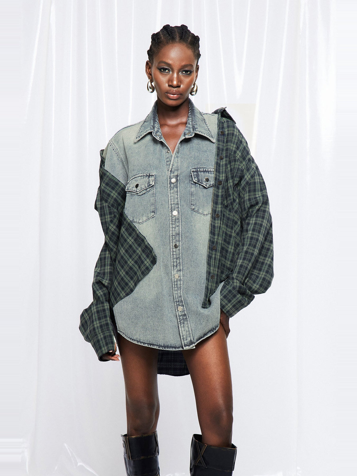Friedrich Plaid Panel Oversized Denim Jacket - Grey — Svelte Chic