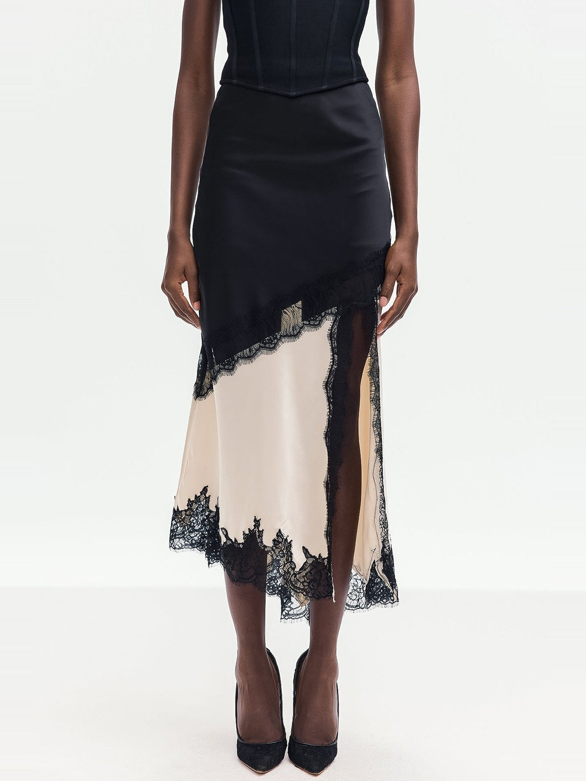 Bess Lace-Trimmed Asymmetric Satin Midi Skirt - Black and Cream — Svelte Chic